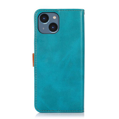 For iPhone 15 KHAZNEH Dual-color Cowhide Texture Flip Leather Phone Case(Blue) - iPhone 16e Cases by buy2fix | Online Shopping UK | buy2fix
