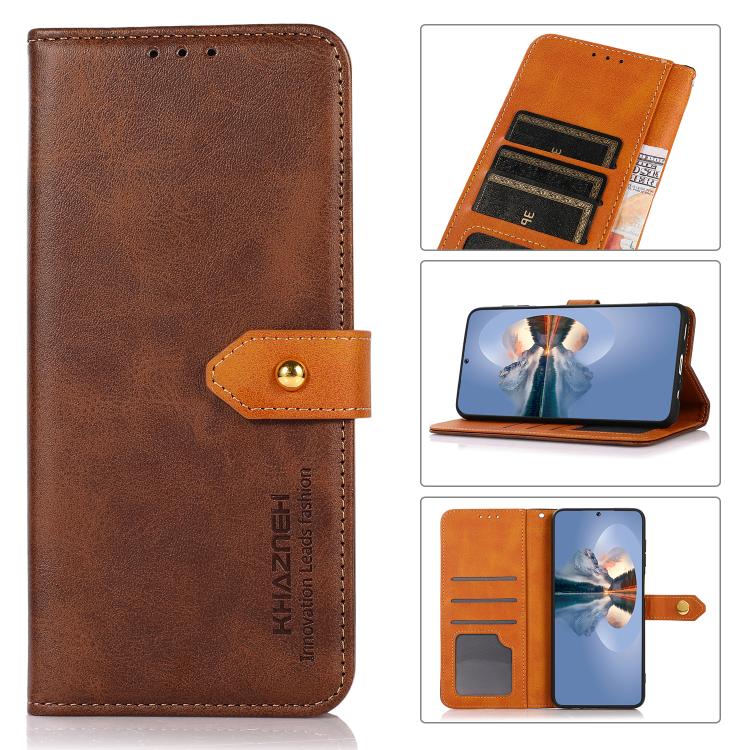 For iPhone 15 KHAZNEH Dual-color Cowhide Texture Flip Leather Phone Case(Brown) - iPhone 16e Cases by buy2fix | Online Shopping UK | buy2fix