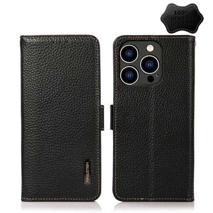 For iPhone 14 Pro KHAZNEH Side-Magnetic Litchi Genuine Leather RFID Phone Case (Black) - iPhone 14 Pro Cases by buy2fix | Online Shopping UK | buy2fix