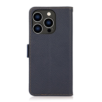 For iPhone 14 Pro KHAZNEH Side-Magnetic Litchi Genuine Leather RFID Phone Case (Blue) - iPhone 14 Pro Cases by buy2fix | Online Shopping UK | buy2fix