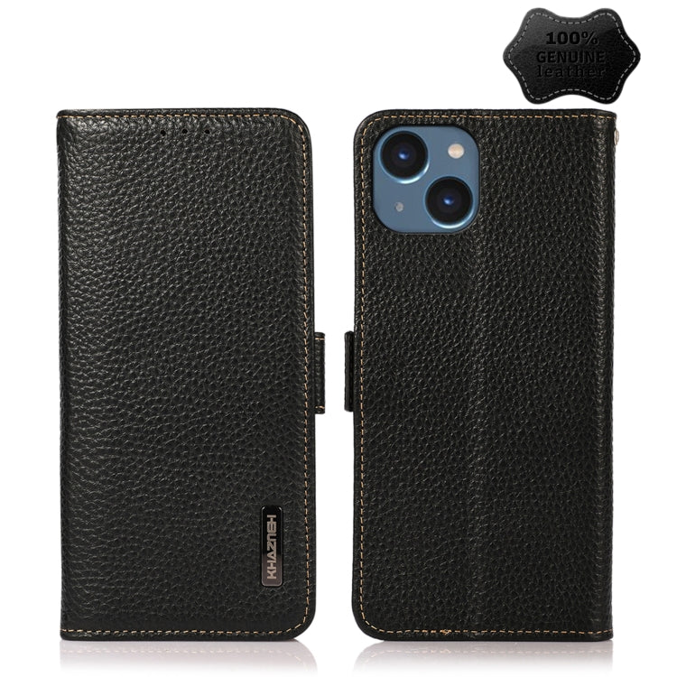 For iPhone 14 KHAZNEH Side-Magnetic Litchi Genuine Leather RFID Phone Case (Black) - iPhone 14 Cases by buy2fix | Online Shopping UK | buy2fix