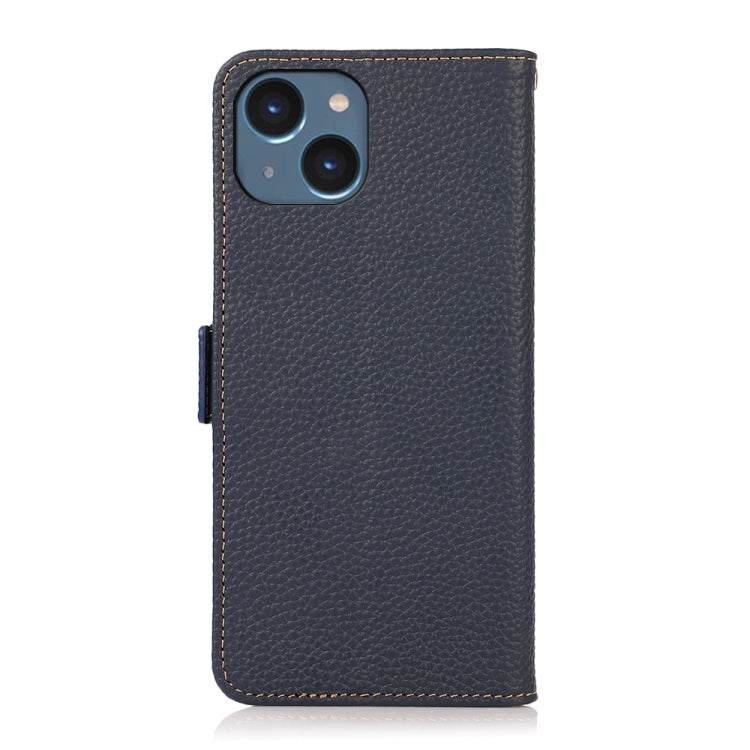 For iPhone 14 KHAZNEH Side-Magnetic Litchi Genuine Leather RFID Phone Case (Blue) - iPhone 14 Cases by buy2fix | Online Shopping UK | buy2fix