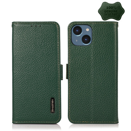 For iPhone 14 KHAZNEH Side-Magnetic Litchi Genuine Leather RFID Phone Case (Green) - iPhone 14 Cases by buy2fix | Online Shopping UK | buy2fix