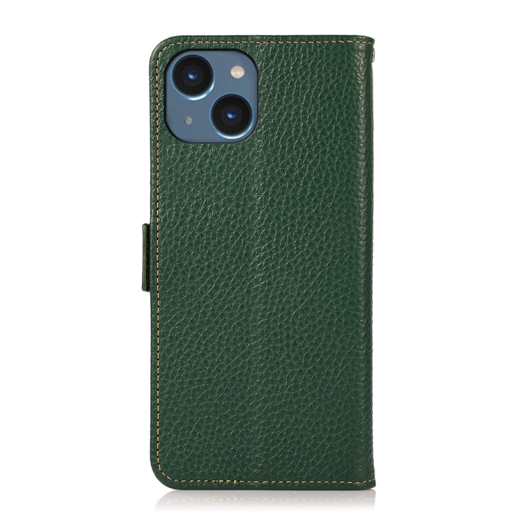 For iPhone 14 KHAZNEH Side-Magnetic Litchi Genuine Leather RFID Phone Case (Green) - iPhone 14 Cases by buy2fix | Online Shopping UK | buy2fix