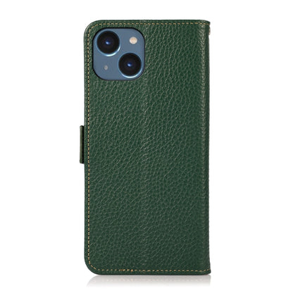For iPhone 14 KHAZNEH Side-Magnetic Litchi Genuine Leather RFID Phone Case (Green) - iPhone 14 Cases by buy2fix | Online Shopping UK | buy2fix