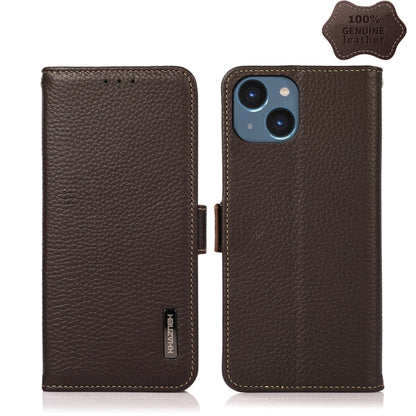For iPhone 14 KHAZNEH Side-Magnetic Litchi Genuine Leather RFID Phone Case (Brown) - iPhone 14 Cases by buy2fix | Online Shopping UK | buy2fix