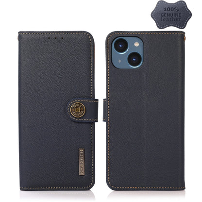 For iPhone 14 Plus KHAZNEH Custer Genuine Leather RFID Phone Case  (Blue) - iPhone 14 Plus Cases by buy2fix | Online Shopping UK | buy2fix