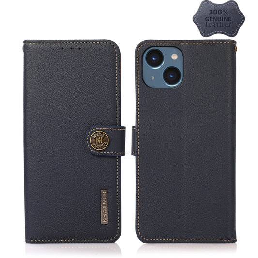 For iPhone 14 Plus KHAZNEH Custer Genuine Leather RFID Phone Case  (Blue) - iPhone 14 Plus Cases by buy2fix | Online Shopping UK | buy2fix