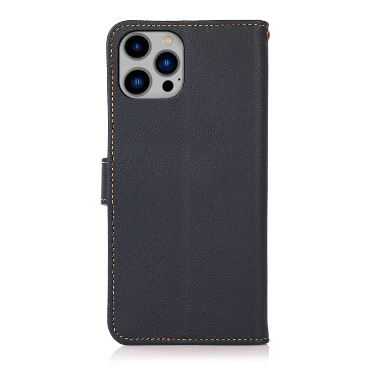 For iPhone 14 Plus KHAZNEH Custer Genuine Leather RFID Phone Case  (Blue) - iPhone 14 Plus Cases by buy2fix | Online Shopping UK | buy2fix