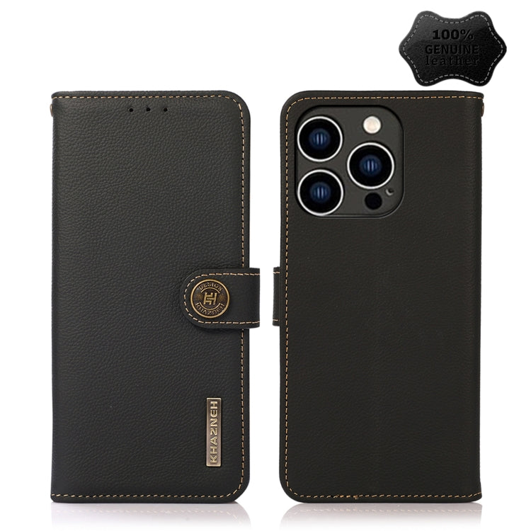 For iPhone 14 Pro KHAZNEH Custer Genuine Leather RFID Phone Case (Black) - iPhone 14 Pro Cases by buy2fix | Online Shopping UK | buy2fix