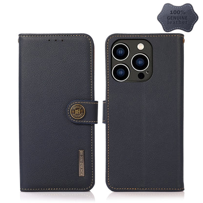 For iPhone 14 Pro KHAZNEH Custer Genuine Leather RFID Phone Case (Blue) - iPhone 14 Pro Cases by buy2fix | Online Shopping UK | buy2fix