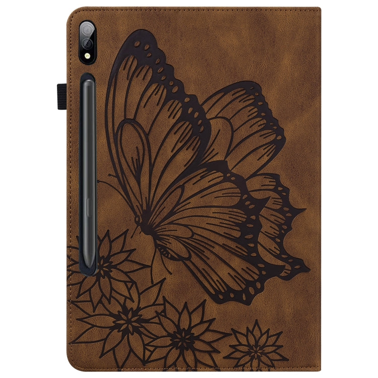 For Samsung Galaxy Tab S8 Big Butterfly Embossed Leather Tablet Case(Brown) - Galaxy Tab S8 Cases by buy2fix | Online Shopping UK | buy2fix