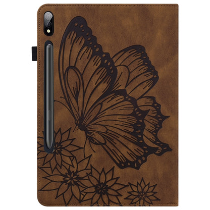 For Samsung Galaxy Tab S8 Big Butterfly Embossed Leather Tablet Case(Brown) - Galaxy Tab S8 Cases by buy2fix | Online Shopping UK | buy2fix