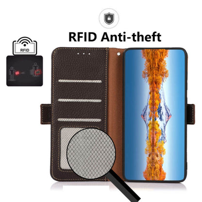 For Nokia C21 Plus KHAZNEH Side-Magnetic Litchi Genuine Leather RFID Phone Case(Brown) - Nokia Cases by buy2fix | Online Shopping UK | buy2fix