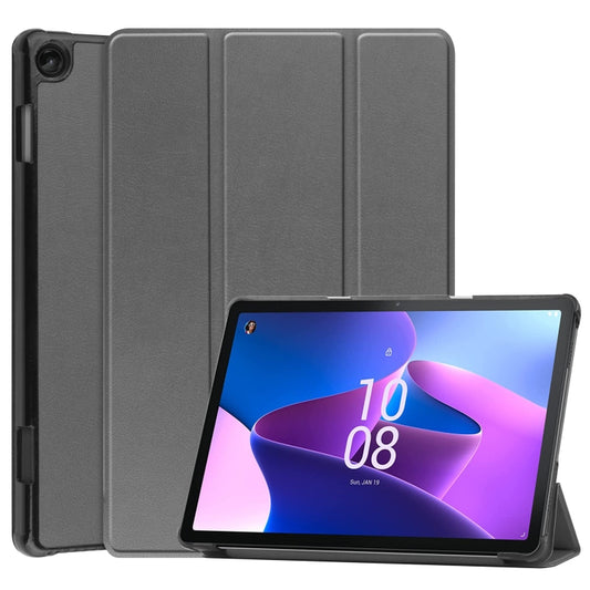 For Lenovo Tab M10 3rd Gen / TB328FU Custer Pure Color 3-Fold Holder Smart Leather Tablet Case(Grey) - Lenovo by buy2fix | Online Shopping UK | buy2fix