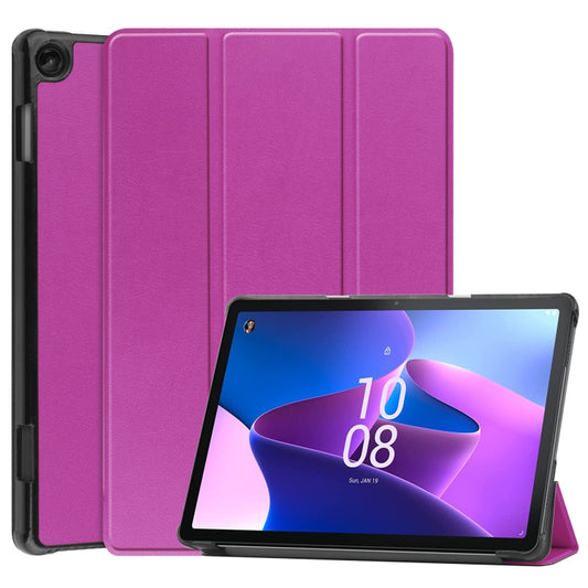 For Lenovo Tab M10 3rd Gen / TB328FU Custer Pure Color 3-Fold Holder Smart Leather Tablet Case(Purple) - Lenovo by buy2fix | Online Shopping UK | buy2fix