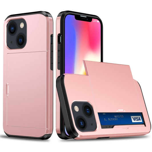 For iPhone 14 Shockproof Armor Protective Phone Case with Slide Card Slot (Rose Gold) by buy2fix