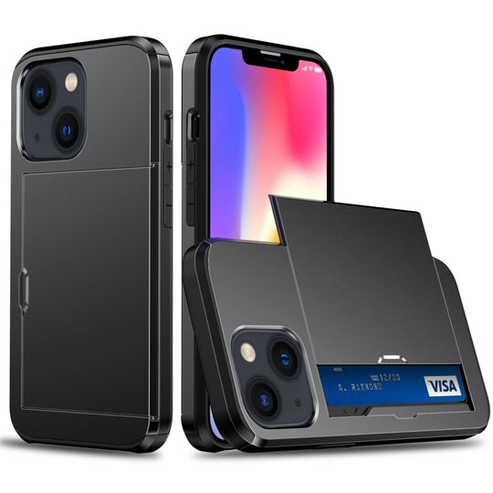 For iPhone 14 Plus Shockproof Armor Protective Phone Case with Slide Card Slot  (Black)