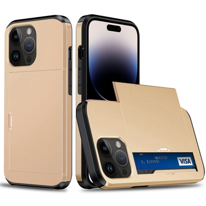 For iPhone 14 Pro Shockproof Armor Protective Phone Case with Slide Card Slot (Gold) - iPhone 14 Pro Cases by buy2fix | Online Shopping UK | buy2fix