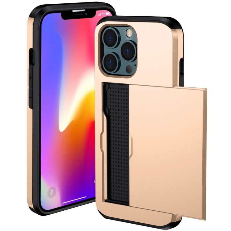 For iPhone 14 Pro Shockproof Armor Protective Phone Case with Slide Card Slot (Gold) - iPhone 14 Pro Cases by buy2fix | Online Shopping UK | buy2fix