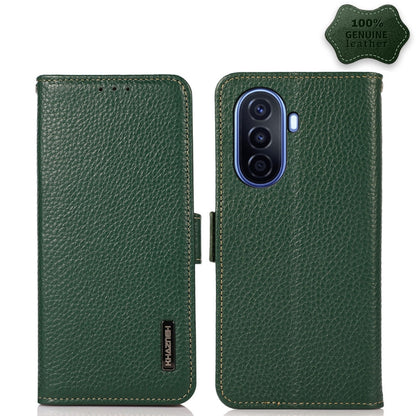 For Huawei nova Y70 Plus KHAZNEH Side-Magnetic Litchi Genuine Leather RFID Phone Case(Green) - Huawei Cases by buy2fix | Online Shopping UK | buy2fix