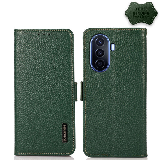 For Huawei nova Y70 Plus KHAZNEH Side-Magnetic Litchi Genuine Leather RFID Phone Case(Green) - Huawei Cases by buy2fix | Online Shopping UK | buy2fix