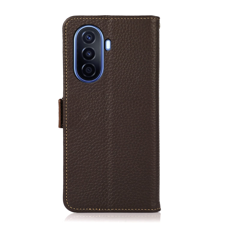 For Huawei nova Y70 Plus KHAZNEH Side-Magnetic Litchi Genuine Leather RFID Phone Case(Brown) - Huawei Cases by buy2fix | Online Shopping UK | buy2fix