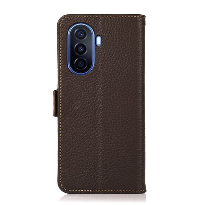 For Huawei nova Y70 Plus KHAZNEH Side-Magnetic Litchi Genuine Leather RFID Phone Case(Brown) - Huawei Cases by buy2fix | Online Shopping UK | buy2fix