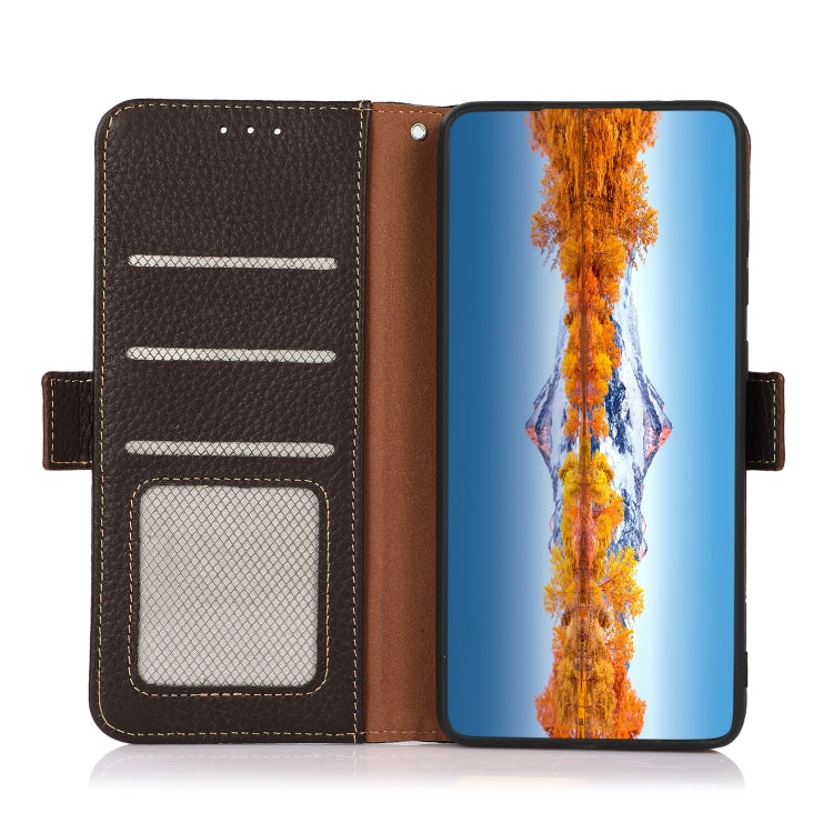 For Motorola Moto G42 KHAZNEH Side-Magnetic Litchi Genuine Leather RFID Phone Case(Brown) - Motorola Cases by buy2fix | Online Shopping UK | buy2fix