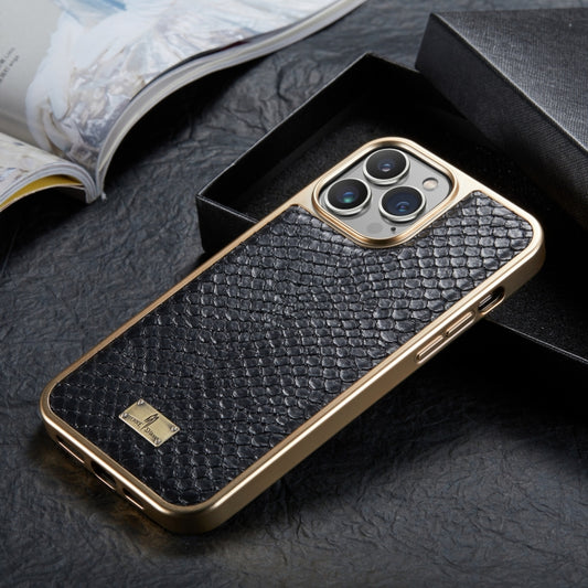 For iPhone 12 / 12 Pro Fierre Shann Snake Texture Electroplating PU Phone Case(Black) - iPhone 12 / 12 Pro Cases by FIERRE SHANN | Online Shopping UK | buy2fix