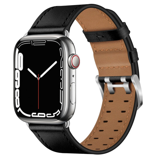 Double Buckles Leather Watch Band For Apple Watch Ultra 49mm&Watch Ultra 2 49mm / Series 9&8&7 45mm / SE 3&SE 2&6&SE&5&4 44mm / 3&2&1 42mm(Black Silver Buckle)