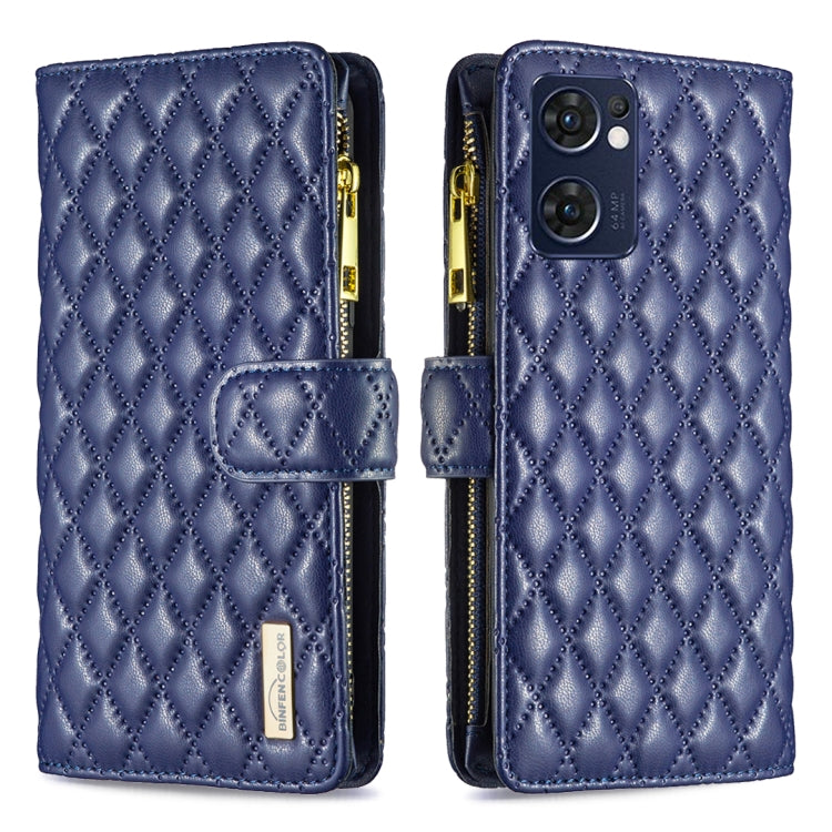 For OPPO Find X5 Lite / Reno7 5G Diamond Lattice Zipper Wallet Leather Flip Phone Case(Blue) by buy2fix