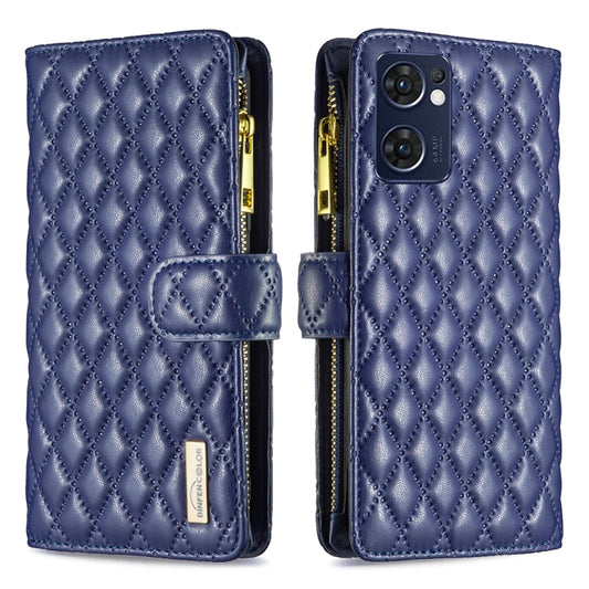 For OPPO Find X5 Lite / Reno7 5G Diamond Lattice Zipper Wallet Leather Flip Phone Case(Blue) by buy2fix