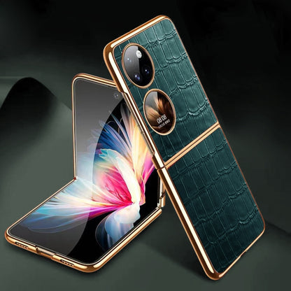 For Huawei P50 Pocket Genuine Leather Crocodile Texture Folding Phone Case(Green) - Huawei Cases by buy2fix | Online Shopping UK | buy2fix