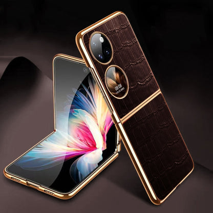 For Huawei P50 Pocket Genuine Leather Crocodile Texture Folding Phone Case(Brown) - Huawei Cases by buy2fix | Online Shopping UK | buy2fix