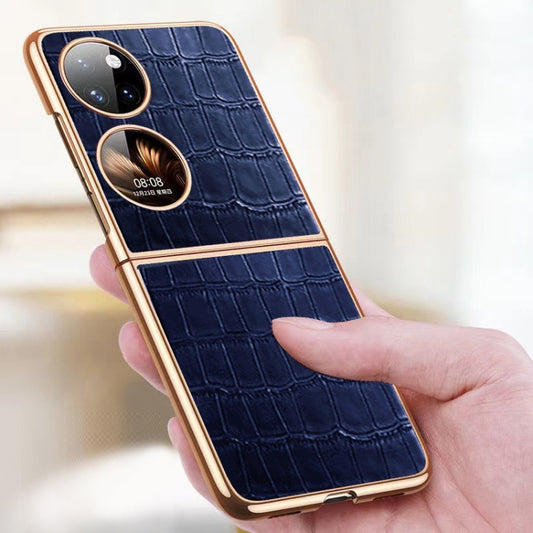 For Huawei P50 Pocket Genuine Leather Crocodile Texture Folding Phone Case(Black) - Huawei Cases by buy2fix | Online Shopping UK | buy2fix