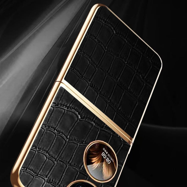 For Huawei P50 Pocket Genuine Leather Crocodile Texture Folding Phone Case(Black) - Huawei Cases by buy2fix | Online Shopping UK | buy2fix