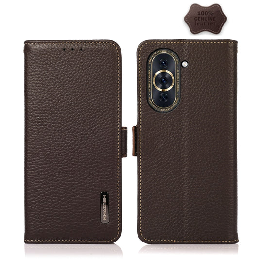 For Huawei Nova 10 KHAZNEH Side-Magnetic Litchi Genuine Leather RFID Phone Case(Brown) - Huawei Cases by buy2fix | Online Shopping UK | buy2fix