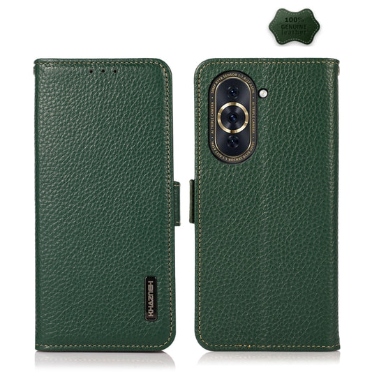 For Huawei Nova 10 KHAZNEH Side-Magnetic Litchi Genuine Leather RFID Phone Case(Green) - Huawei Cases by buy2fix | Online Shopping UK | buy2fix
