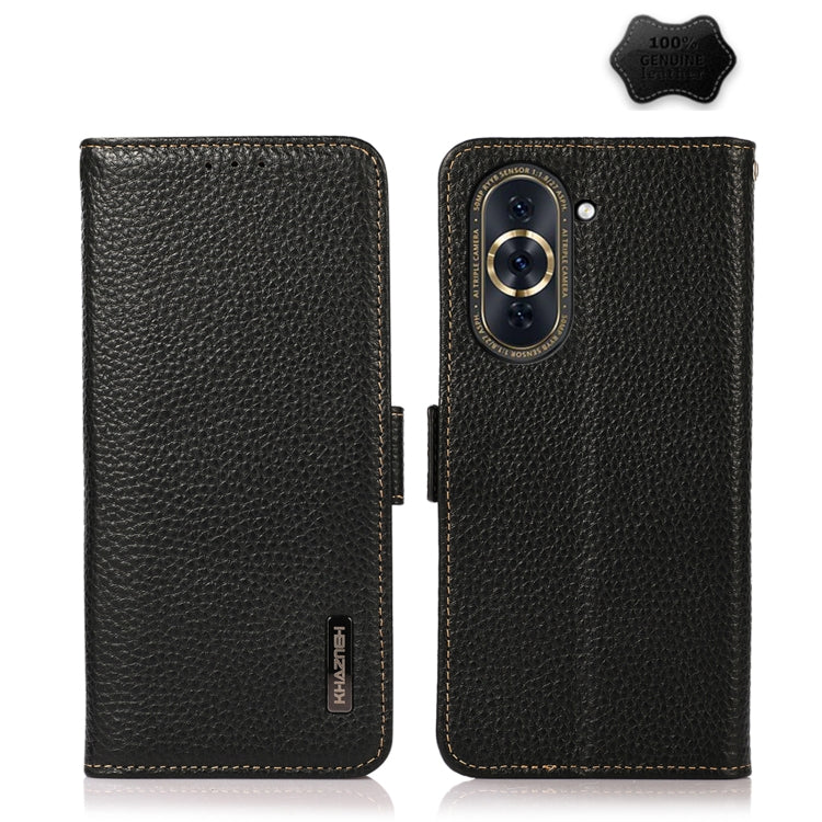 For Huawei Nova 10 KHAZNEH Side-Magnetic Litchi Genuine Leather RFID Phone Case(Black) - Huawei Cases by buy2fix | Online Shopping UK | buy2fix