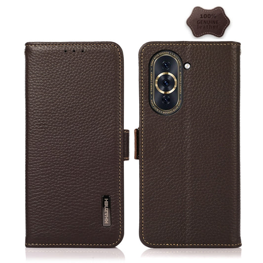 For Huawei Nova 10 Pro KHAZNEH Side-Magnetic Litchi Genuine Leather RFID Phone Case(Brown) - Huawei Cases by buy2fix | Online Shopping UK | buy2fix
