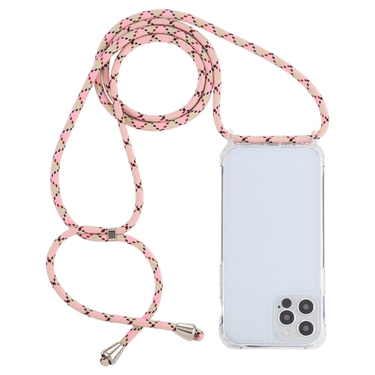 For iPhone 14 Pro Transparent Acrylic Airbag Shockproof Phone Protective Case with Lanyard(Pink Apricot Coffee)
