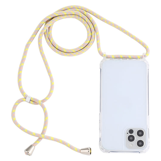 For iPhone 14 Pro Max Transparent Acrylic Airbag Shockproof Phone Protective Case with Lanyard (Yellow Pink Grey)