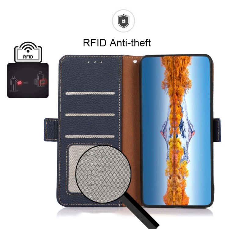 For Samsung Galaxy M13 4G KHAZNEH Side-Magnetic Litchi Genuine Leather RFID Phone Case(Blue) - Galaxy Phone Cases by buy2fix | Online Shopping UK | buy2fix