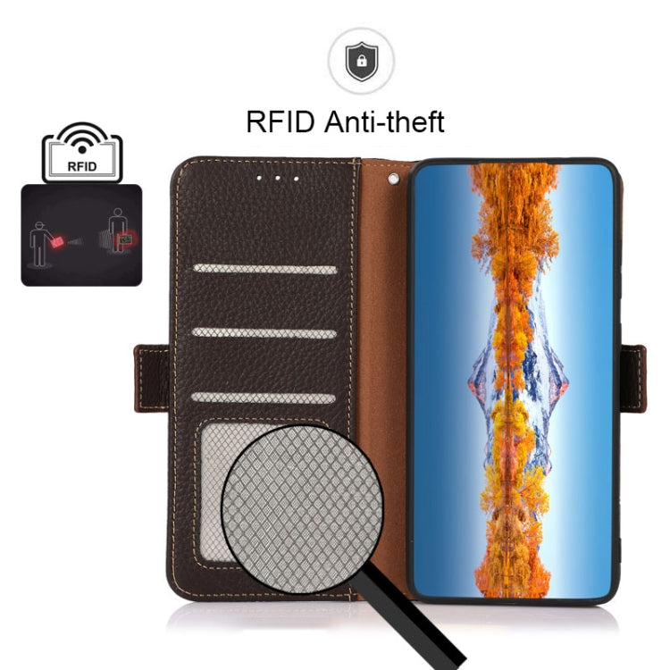 For Samsung Galaxy M13 4G KHAZNEH Side-Magnetic Litchi Genuine Leather RFID Phone Case(Brown) - Galaxy Phone Cases by buy2fix | Online Shopping UK | buy2fix