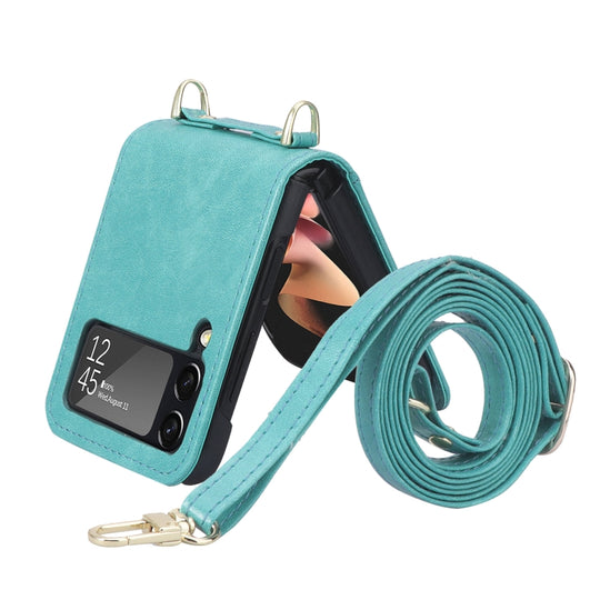 For Samsung Galaxy Z Filp4 5G Lanyard Folding Leather Phone Case(Green)