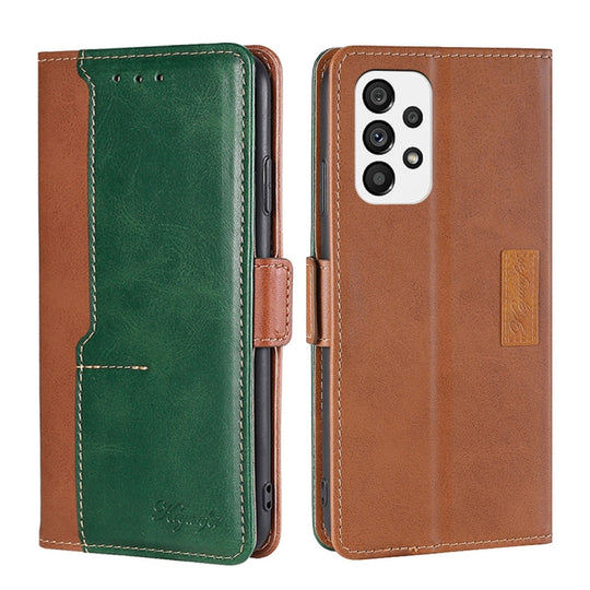 For Samsung Galaxy A73 5G Contrast Color Side Buckle Leather Phone Case(Light Brown+Green)