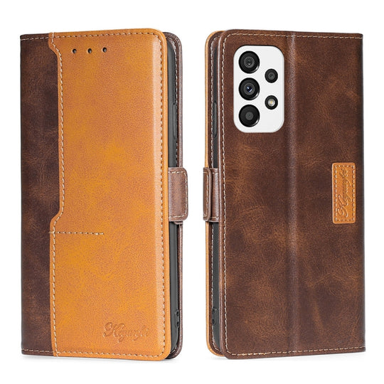For Samsung Galaxy A73 5G Contrast Color Side Buckle Leather Phone Case(Dark Brown+Gold)
