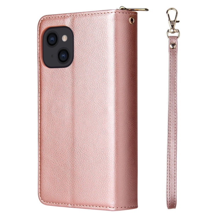 For iPhone 14 9 Card Slots Zipper Wallet Bag Leather Phone Case (Rose Gold) - iPhone 14 Cases by buy2fix | Online Shopping UK | buy2fix