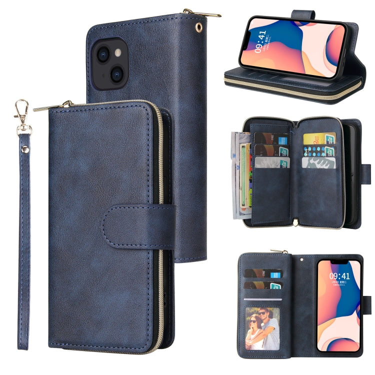 For iPhone 14 9 Card Slots Zipper Wallet Bag Leather Phone Case (Blue) - iPhone 14 Cases by buy2fix | Online Shopping UK | buy2fix